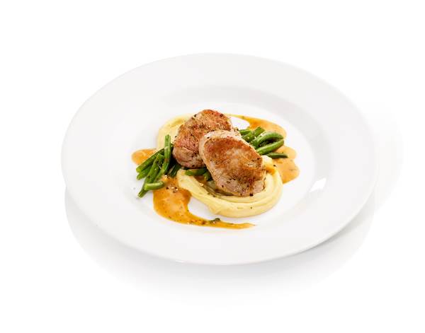 TK Star Culinar Hi Taste Schweinemedaillons in Pfeffersauce mit Prinzessbohnen und Kartoffelpüree - nur für internen Verzehr