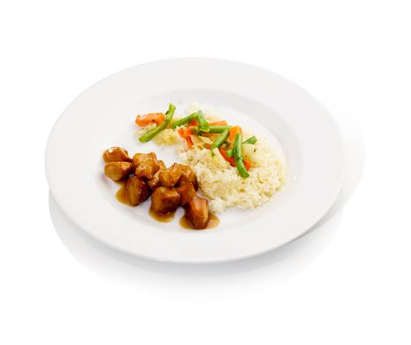 Hähnchen"Teriyaki" in Sojasauce mit Reis und asiatischer Gemüsemischung