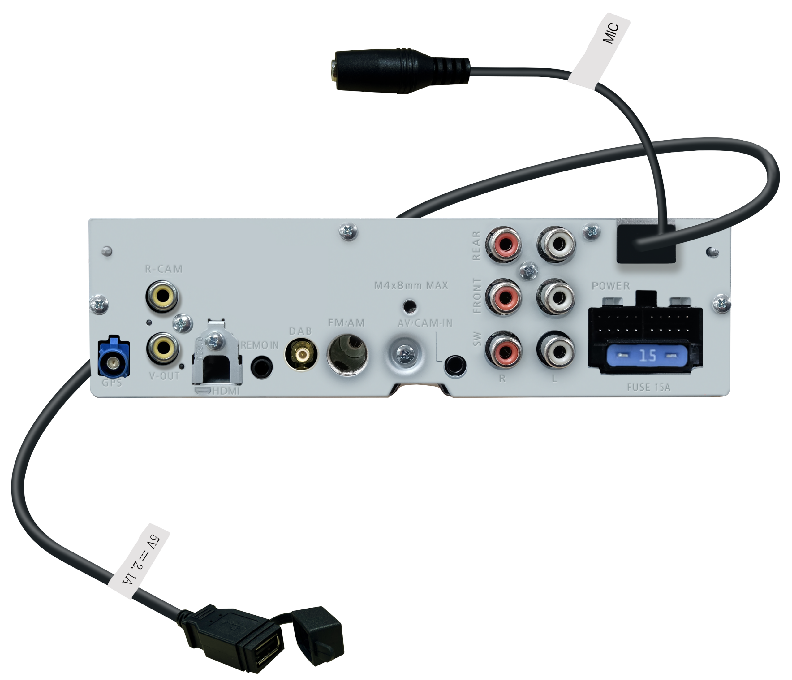 Rückansicht des JVC KW-Z900DBW Multimedia-Autoradios mit USB-Kabel, Mikrofoneingang, GPS-Anschluss, HDMI, DAB-Antennenanschluss, Cinch-Ausgängen und Stromanschluss.