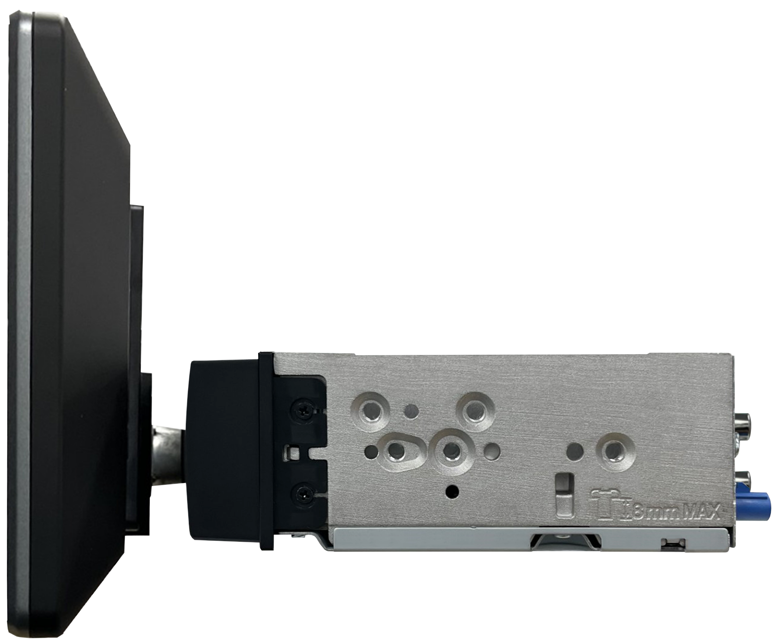 Seitenansicht des JVC KW-Z900DBW Multimedia-Autoradios mit großem freistehendem Touchscreen und kompaktem Einbaugehäuse für den Fahrzeugeinbau.