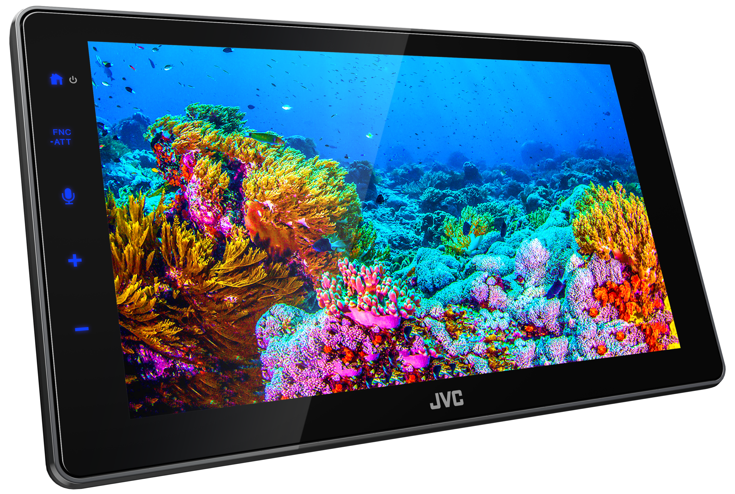 JVC KW-Z900DBW Multimedia-Autoradio mit großem HD-Touchscreen, dargestellt mit farbintensivem Unterwasserbild zur Präsentation der hohen Bildqualität.